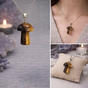 Tiger's‎ Eye Mushroom Pendant Necklace Boho Witchy Crystal Jewelry